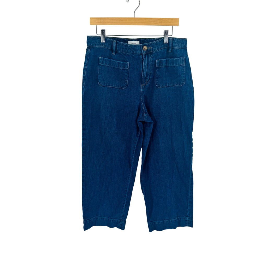 LOFT Wide Leg Crop Jeans Blue 10 High Rise Patch Pocket Coastal Uitlity Casual